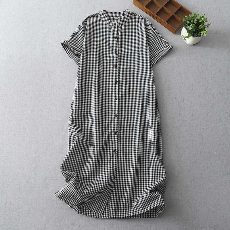 Summer New Retro Shirt Skirt Medium and Long Loose Small Stand-up Collar Temperament Plaid Dress
