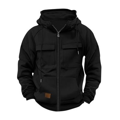 Men's Fashionable Solid Color Long Sleeve Hooded Loose Sweatshirt Sports Multi Pocket  Jacket