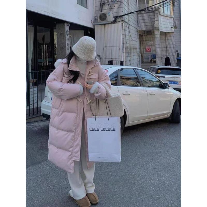 New horn buckle down cotton clothes women's medium and long fashionable loose thickened large fur collar winter coat