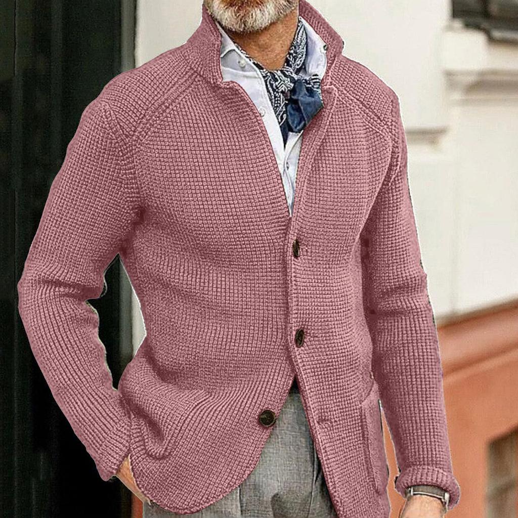 Men's Casual And Trendy Solid-color Warm Sweater Jacket, Men's Long-sleeved Button-up Stand-up Neck Knitted Sweater