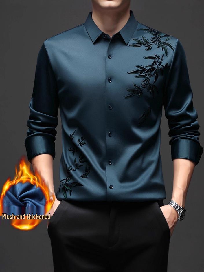 Herrskjorta i kinesisk stil med fleecefoder och stretch - Sömlös, skrynkfri, varm, långärmad, krage