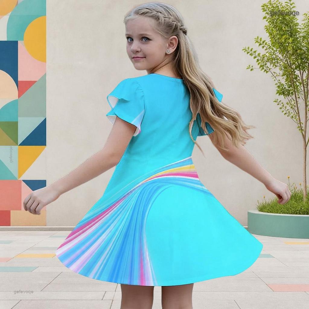 Girls Round Neck Flutter Sleeve Colorful Gradient Printed A Line Flared Dress