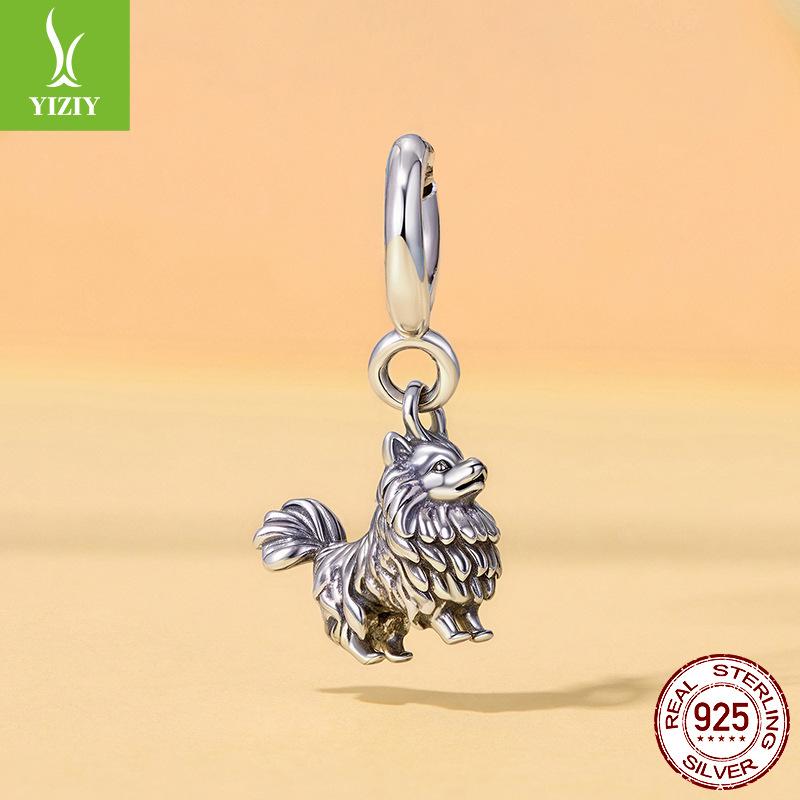 S925 Sterling Silver Pomeranian Pendant Opening And Closing Button Head, Cute Puppy Dog Sterling Silver Beaded Accessories
