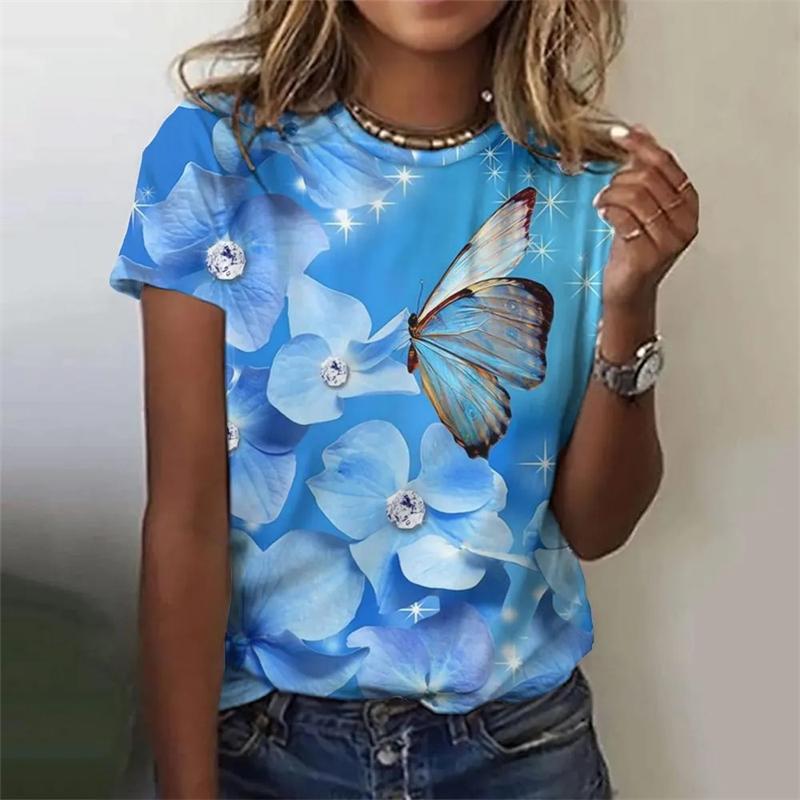 Romantic Retro 3D Print Butterfly Graphic Women T-shirt Round Neck Short Sleeve Tee Summer Funny Casual Insect Personality Shirt