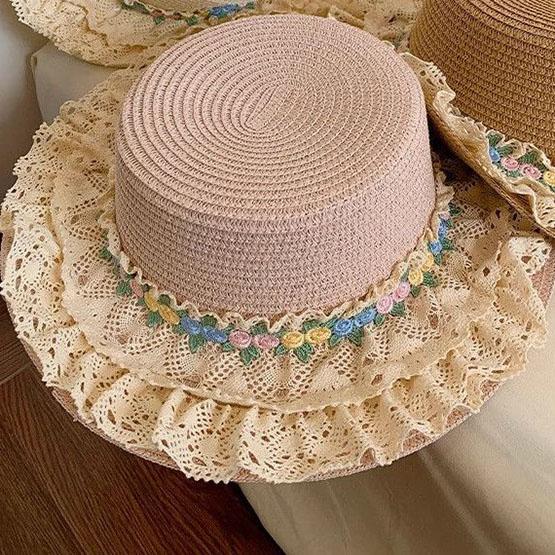 

WTEMPO Французский стиль Лолита кружевные широкополые соломенные шляпы женские летние с плоским верхом для отдыха на открытом воздухе пляжные цветы декор солнцезащитные шляпы 1pc розовый