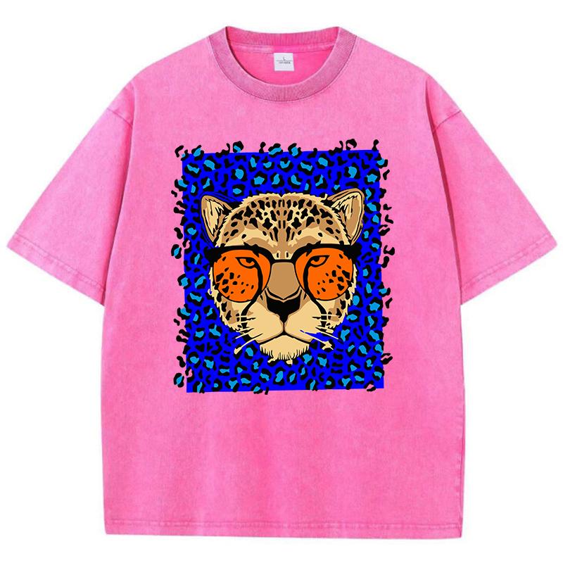 Tricouri Spălate pentru Femei Desene Animate Comic Imprimeu Ghepard Mânecă Scurtă Bumbac Uzat Oversize Gât Rotund Topuri Haine de Stradă