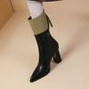 Color Blocking Pointed Toe Women's Half High Boots Elegant Heeled Leather Ladies Mid Calf Shoes Autumn Winter 2025 New Chic Boot
