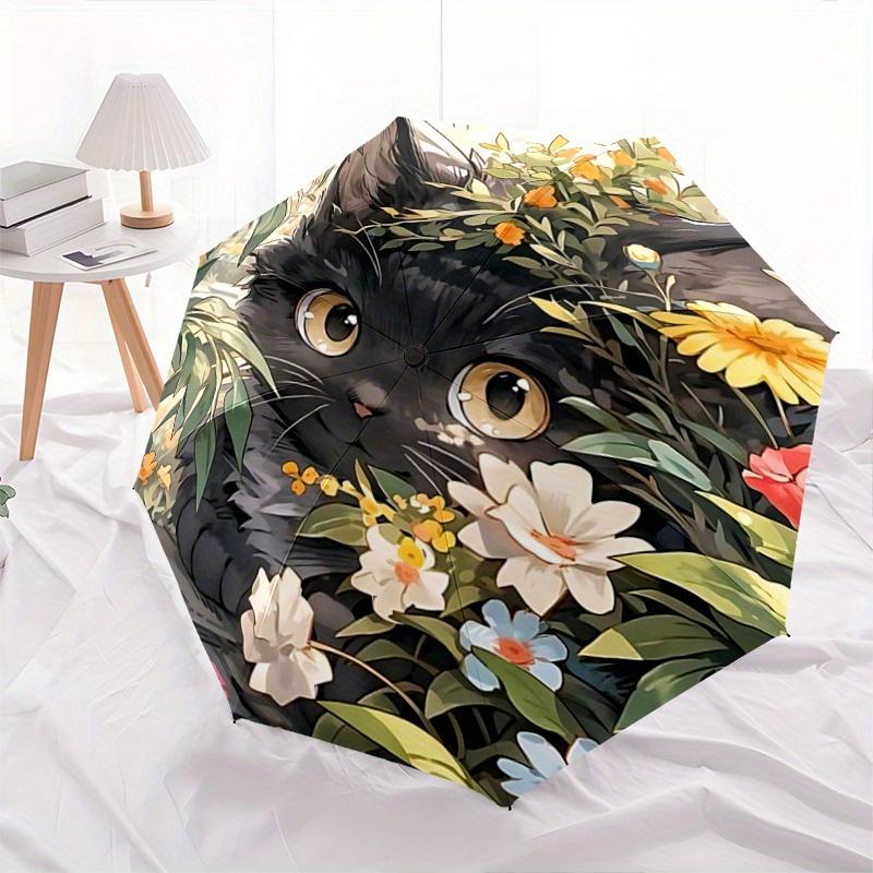 1pc Black Cat Flower Fully Automatic Folding Portable Fashion Umbrella, 8 Iron Frames, Three-Fold Design, Suitable for All Seasons, Suitable for Outdo