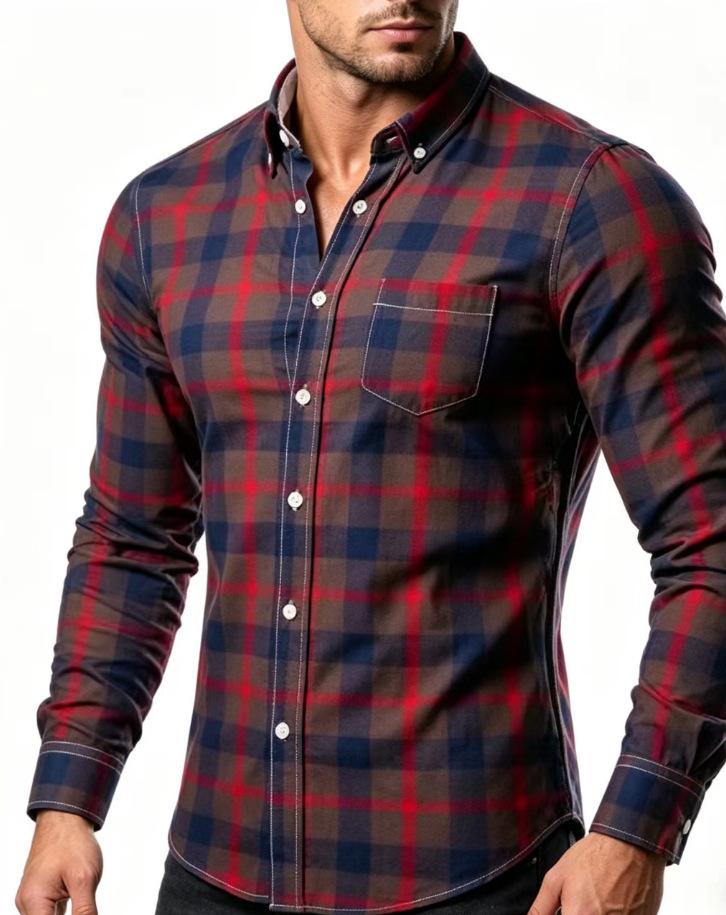 Men Fashion Plaid Long Sleeve Casual Plus Size Mens Shirt M красный