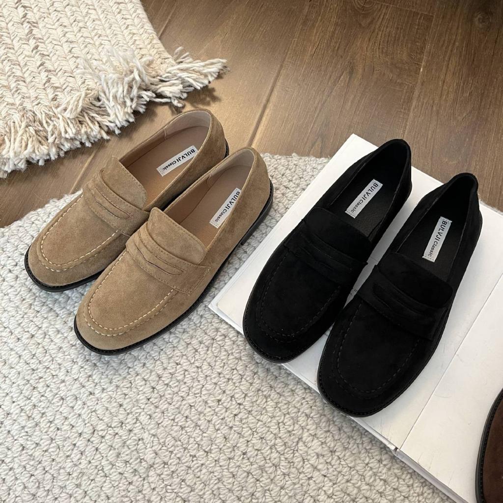 2025 autumn new fashion round head suede thick heel soft leather foot cover versatile soft leather women's small leather shoes
