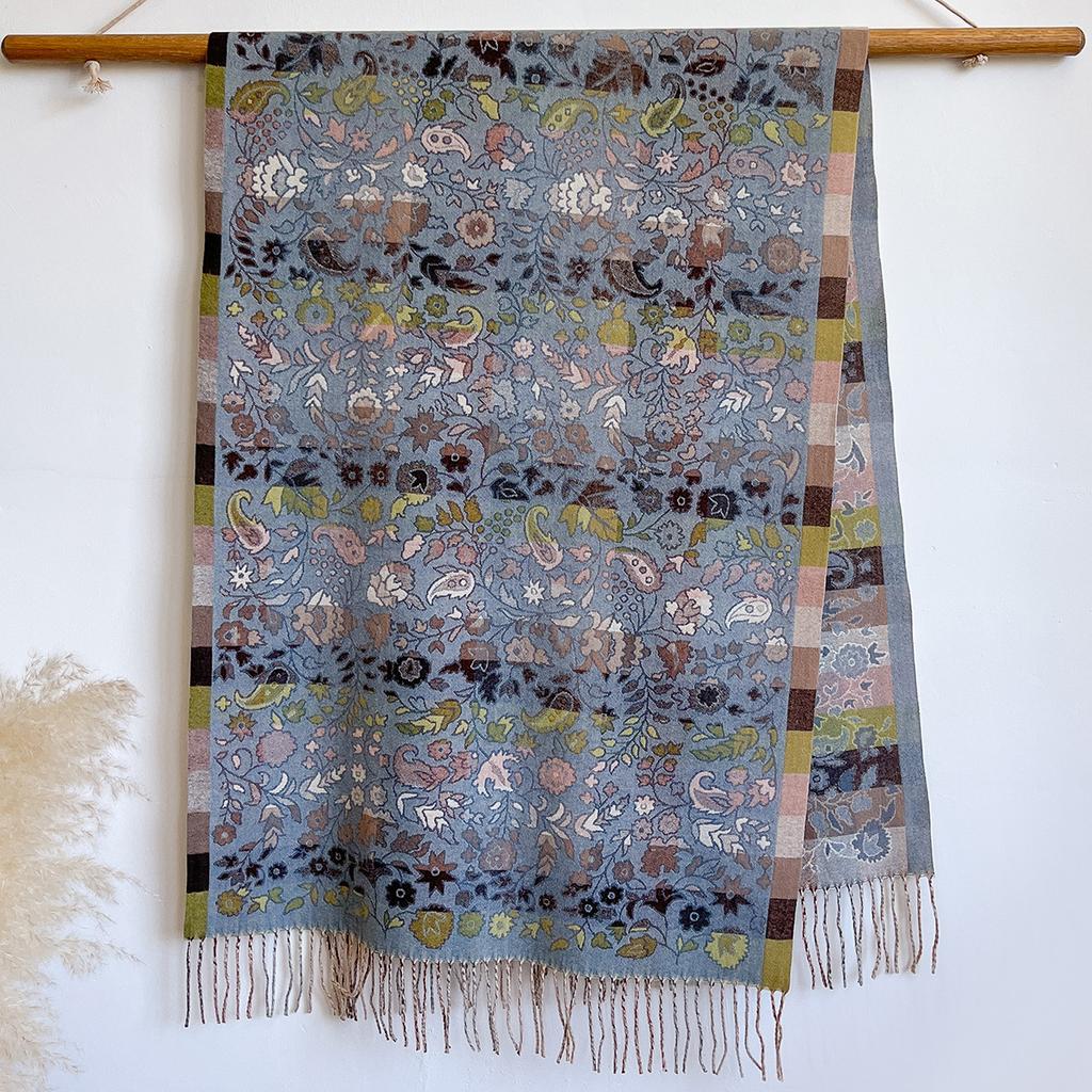 Ethnischer Stil Retro Kontrastfarbe Karomuster Blume Schal Damen vielseitige Quaste Imitation Kaschmir Schal mit hochwertigem Außenmaterial