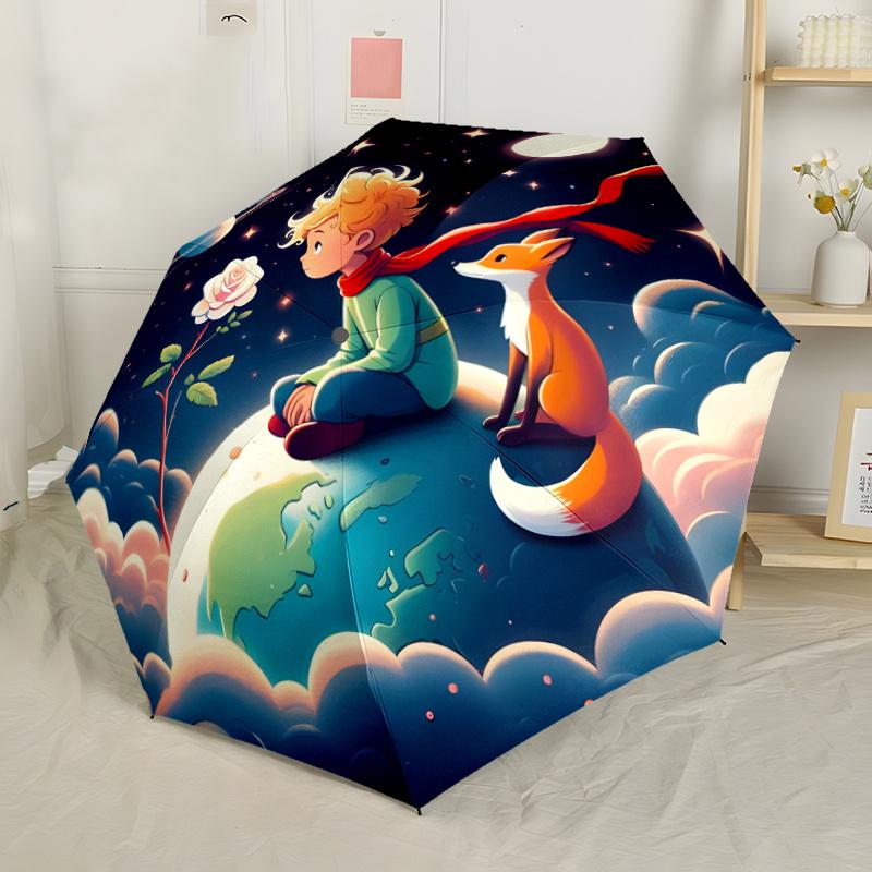 Little Prince Fox Rose Moon Stars Themed Travel Umbrella 8 Ribs Automatic Opening And Closing Durable Folding Design Compact And Stylish Suitable For