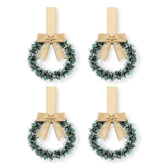 Mini Christmas Cabinet Wreaths 5.1 Inch Small Kitchen Xmas Decor with Red Ribbon Bow Plastic Rattan Fabric Window Door Office Holiday Decoration