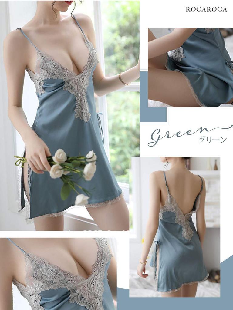 Deep Green [ROKAROKA] Women's Lingerie, V, Babydoll, Satin, Slip, Camisole, Slit, Lace, Nightwear, (Green, L)