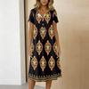 Women's Fashionable Retro Printed Round Neck Short Sleeved Button Neck Mid Length Casual Dress