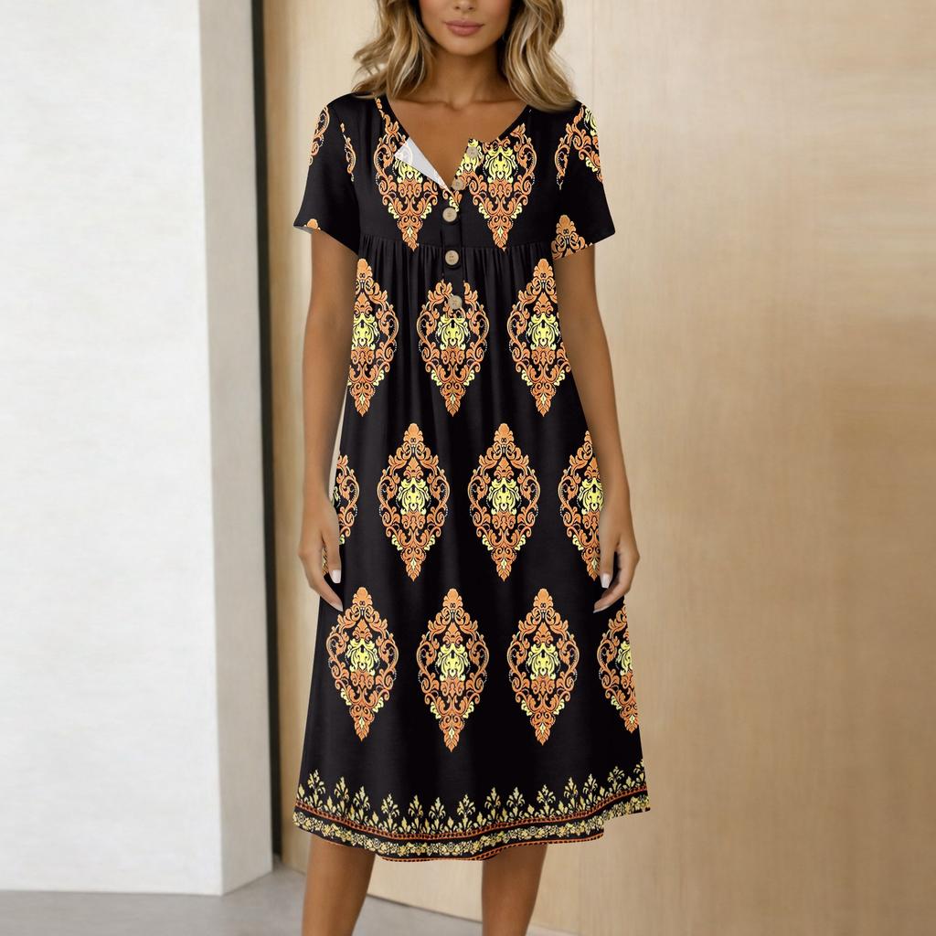 Women's Fashionable Retro Printed Round Neck Short Sleeved Button Neck Mid Length Casual Dress
