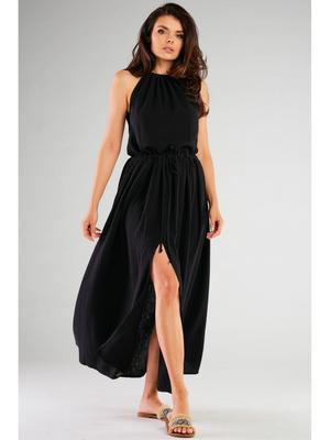 Summer, Trapeze Maxi Dress with Ruffles Made of Muslin, Black L/XL