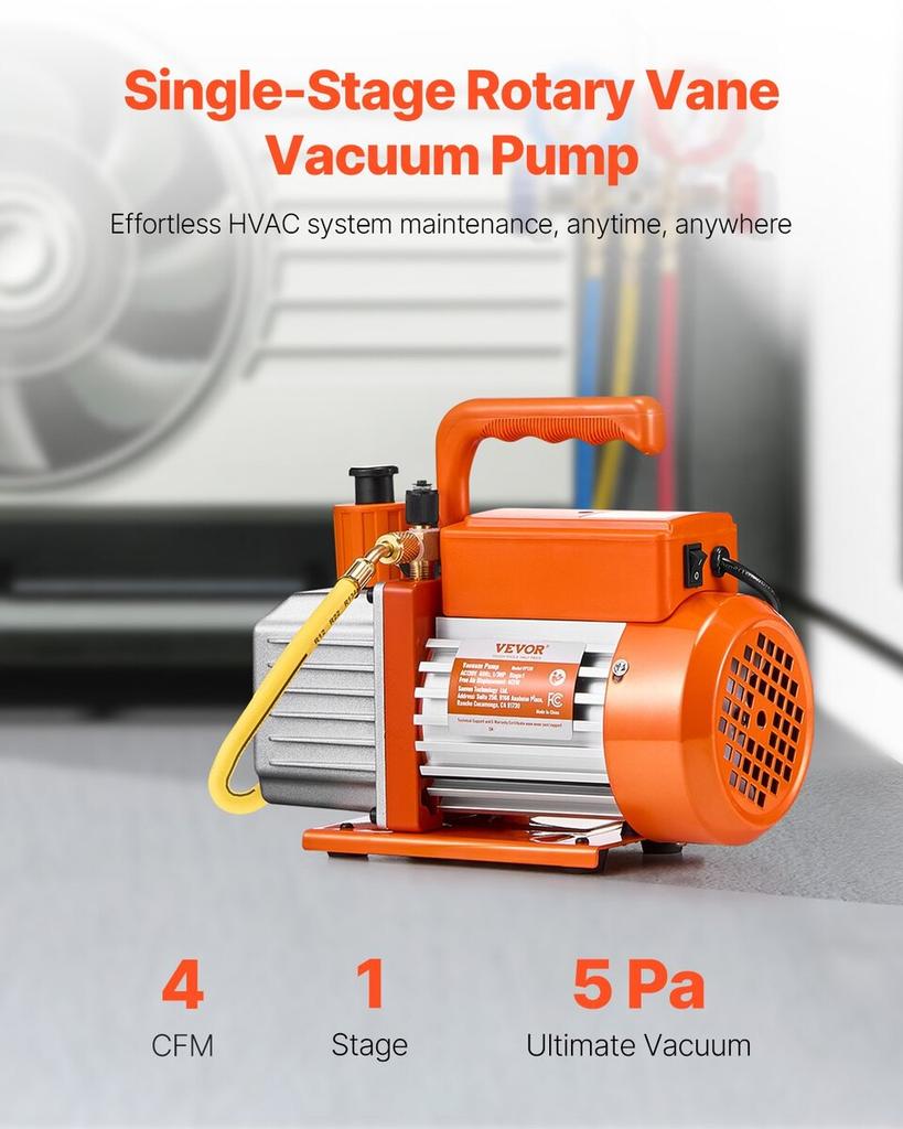 Vacuum Pump 4 CFM HVAC Single Stage Rotary Vane Vacuum Pump Oil Included