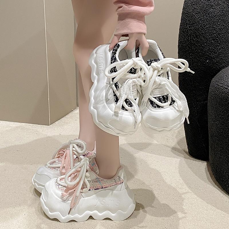 Fashion 8cm High Heel Leather Women Shoes Chunky Sneakers Autumn Wedge Platform Shoes Spring Women Breathable Comfy Skateboard Footwear