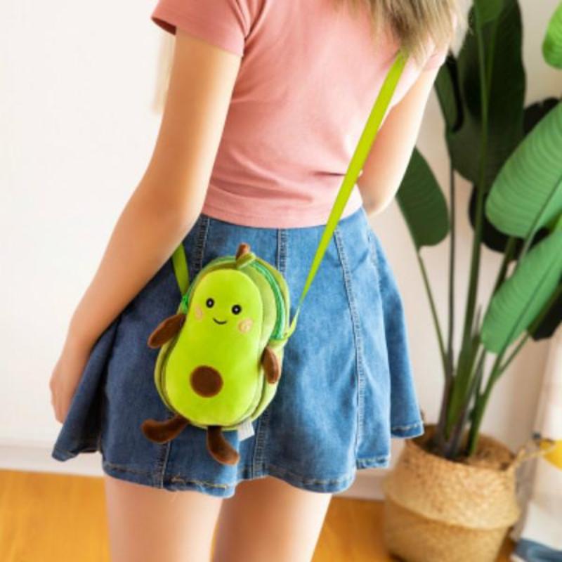 Cute Avocado Plush Toys Soft Stuffed Fruits Creative Cartoon Zipper Style Shoulder Bag for Children