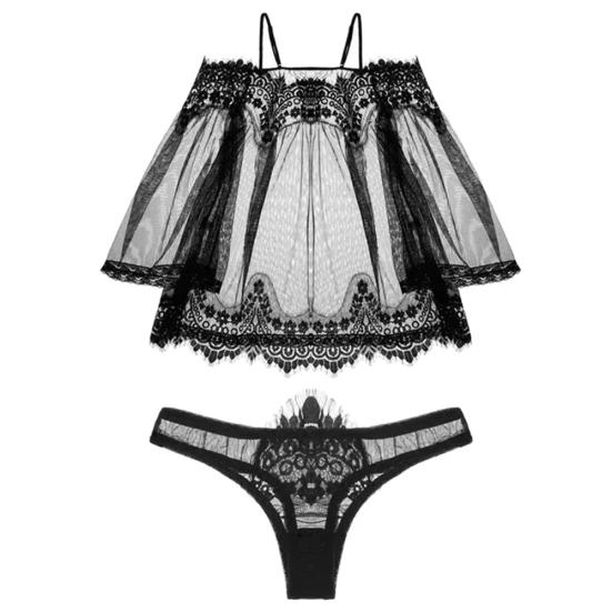 

Кружевное нижнее белье, сексуальное, горячее, эротическое, сетчатое, одежда для сна Babydoll, кружевное мини-платье на бретельках, трусы, комплект ночного белья XXL чёрный