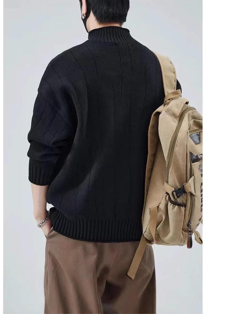Men's Loose Fit Japanese Style Stand Collar Zipper Cardigan Sweater - Autumn & Winter Woolen Knitwear for Couples