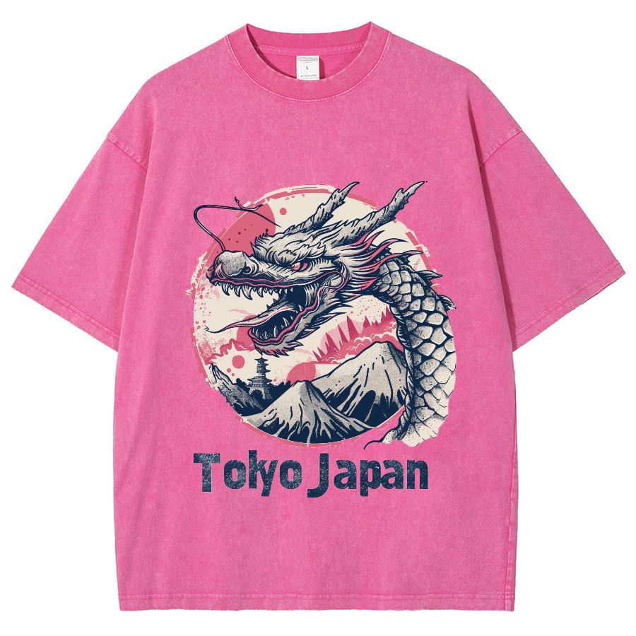 

Япония Токио Алфавит Принт Дракона Женская Стирка Футболка Хлопок Свободный Большой Размер Унисекс Половина Рукава Винтаж Нишевый Топ 3XL