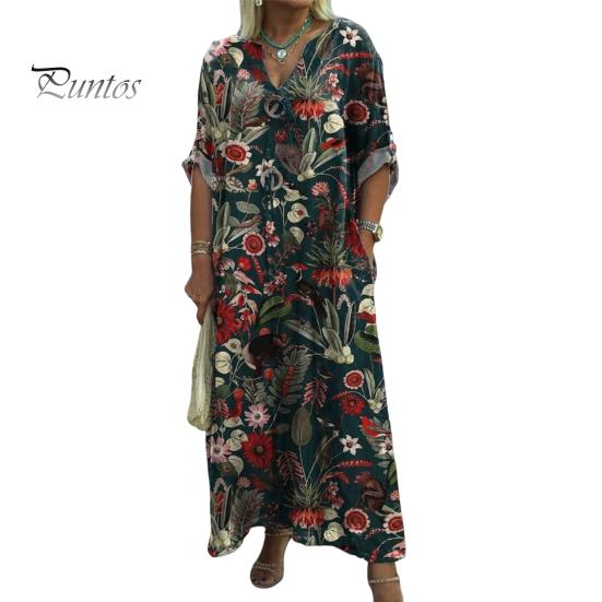 Herbst Sommer Damen Kleid Blumendruck Locker Neunte Ärmel mit Manschettenknöpfen V-Ausschnitt Seitentaschen Täglich Langes Kleid Lässiges Maxikleid
