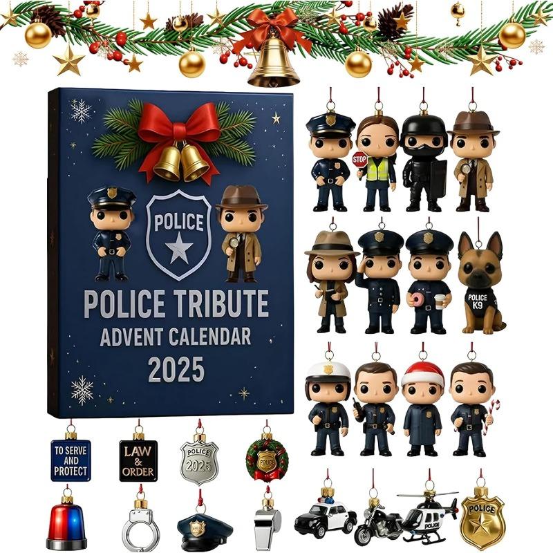 2D Plochý Akrylový Vzpomínkový Adventní Kalendář Policie 2025, 24 Dní Vánoční Odpočítávací Kalendář s 24 Dekoracemi s Policejní Tematikou, Vánoční Dárek pro Policii