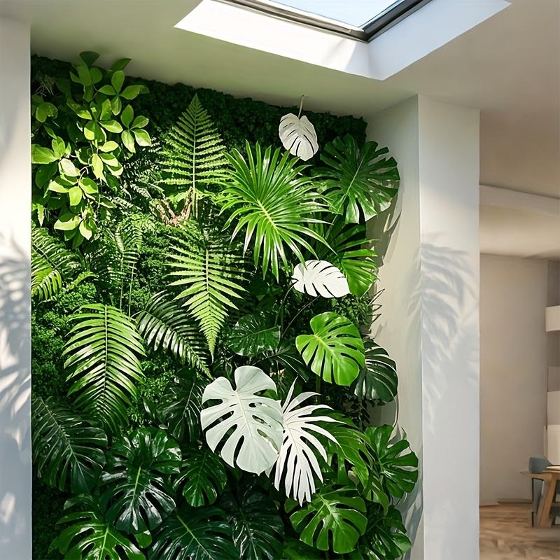 1-Pack Artificial Green Plant Wall Panel with Monstera & Palm Leaves - Wooden Fence Design for Indoor/Outdoor Privacy, Home Decor, Natural Aesthetic