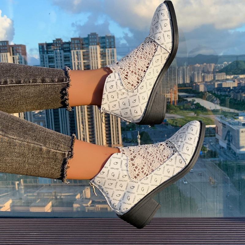 Fashion Women's Fashion Low Heel Shoes Fall New Pointed Ankle Boots Hollow Breathable Fabric Back Zipper Western Boots