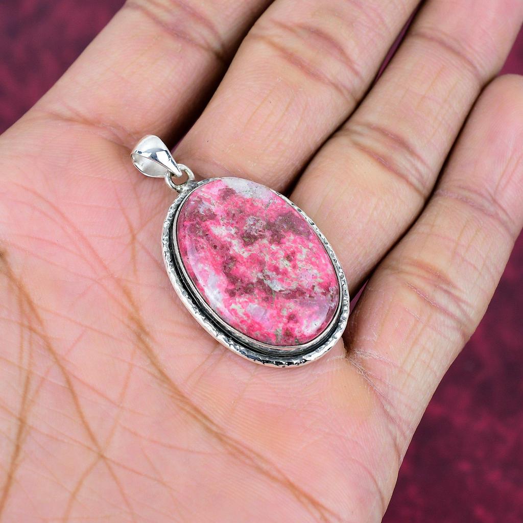 Rosa Thulit Ädelstenshänge 925 Sterlingsilver Smycken, Handgjorda Antika Hängsmyckessmycken, Gåva Till Mor