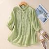 Women Floral Embroidered Point Collar Half Sleeve Cotton Button Down Shirt