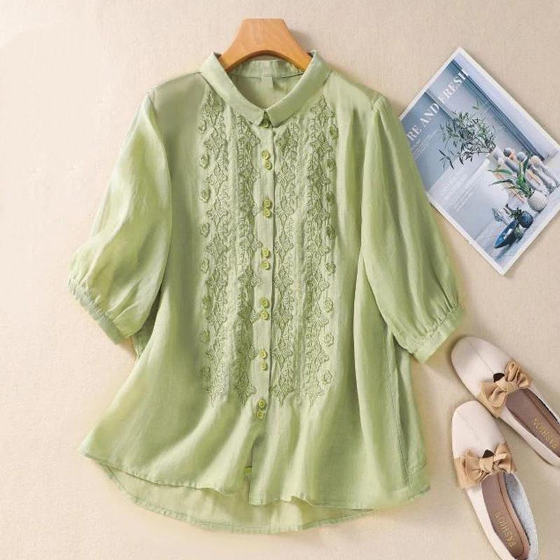 Camicia da donna in cotone con colletto a punta, manica corta, ricamo floreale, bottoni