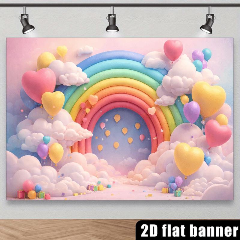 Bannière plate 2D, grand fond en tissu sur le thème de l'arc-en-ciel, ciel dégradé rose et bleu, arche d'arc-en-ciel géante