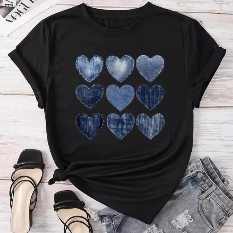 Women Cowboy Heart Print T-Shirt for Valentine's Day Gifts Fashion Crew Neck Short Sleeve T-Shirt Casual Women's Clothing