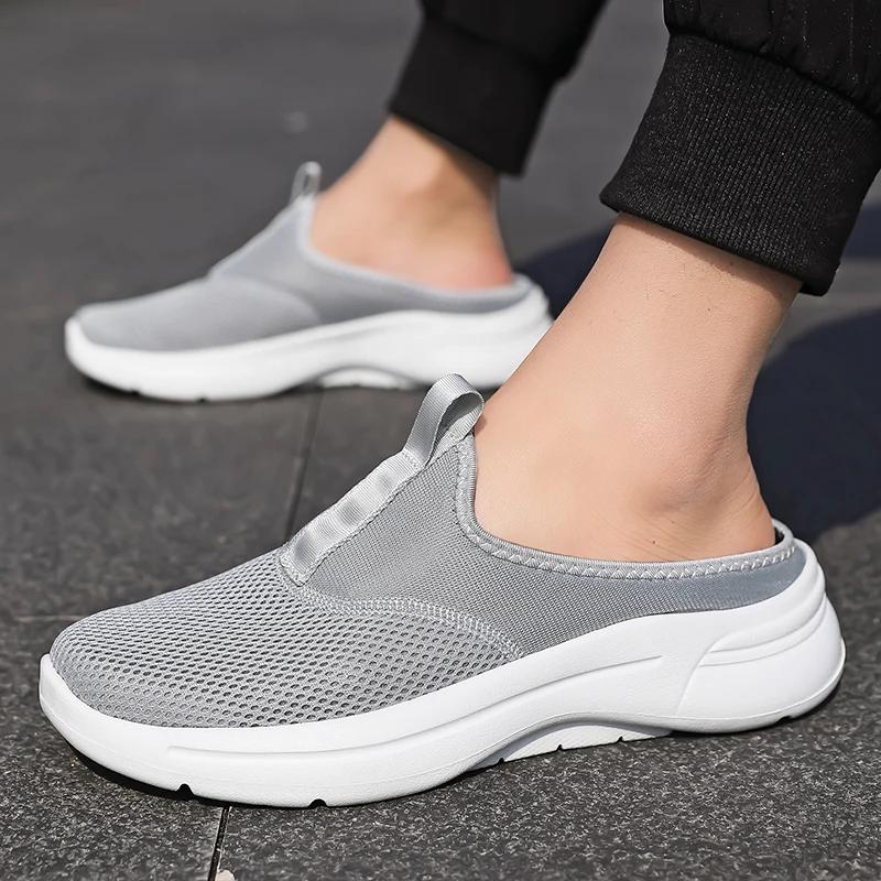 Mens Half Slippers Summer Breathable Mesh Mens Shoes Outdoor Casual Walking Shoes Large Flat Light Mesh Slippers Sandals