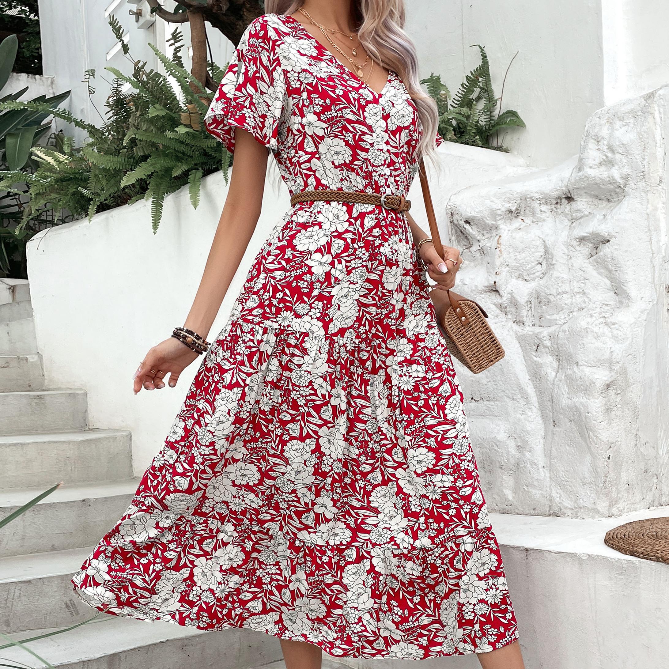 

Женская мода лето весна цветочный принт с коротким рукавом V-образным вырезом повседневные платья S бордовый
