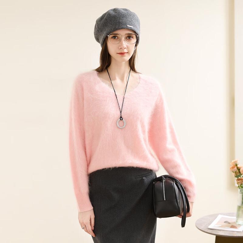 TUHUANG Women's Seamless Brushed Pure Cashmere V-Neck Sweater