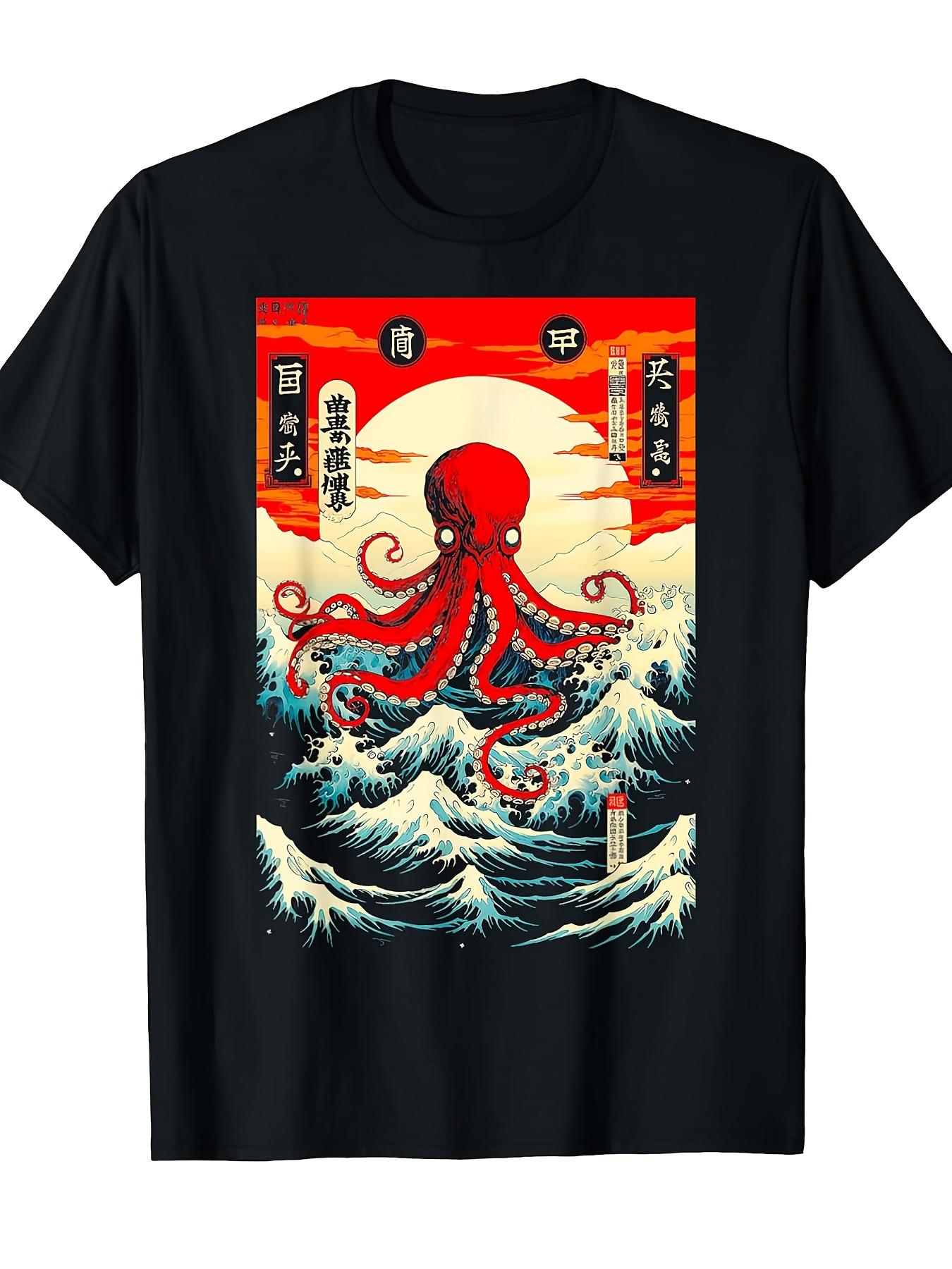 T-Shirt Featuring Octopus Waves And The Sun, Inspired by Japanese Anime, Perfect for Travel Souvenirs S разноцветный