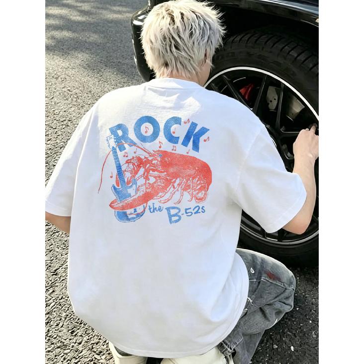Rock The B 52s T Shirt White Lobster And Guitar Print Casual Streetwear for Men S белый