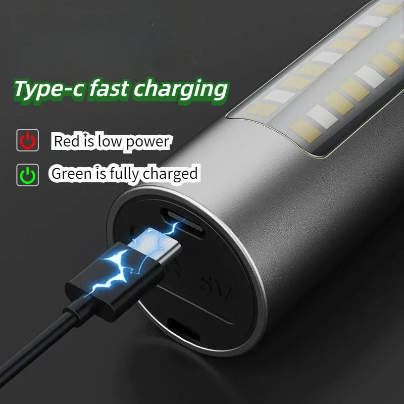 High Power Spotlight Long LED Flashlight with COB Side Light Aluminum Alloy Type-C Zoomable Ultra Bright Emergency Torch