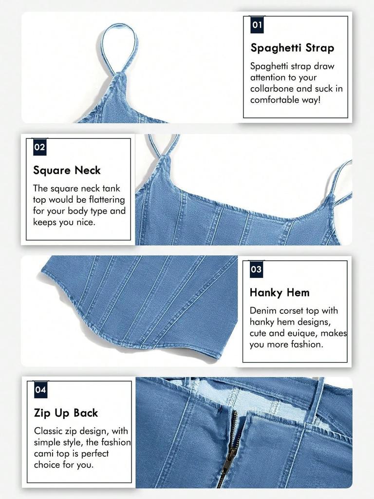 Damski Jeansowy Krótki Top Bez Rękawów Na Cienkich Ramiączkach Obcisły Letni Top