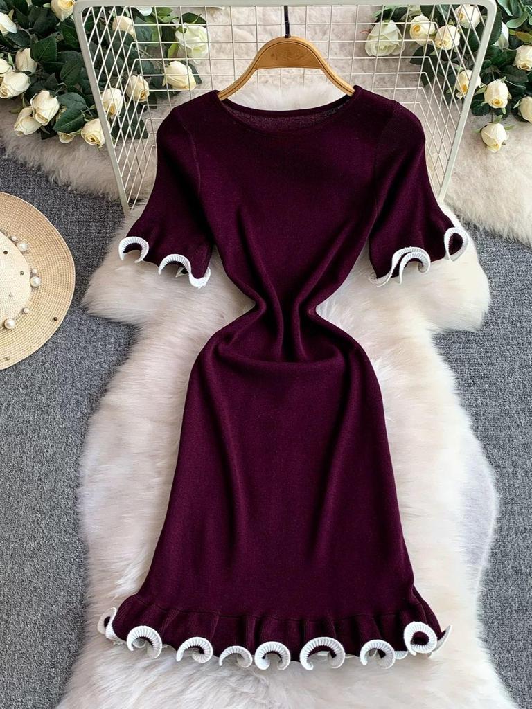 2026 Summer European French Slim Knit Dress – Short Sleeve Round Neck, Hip Wrap Skirt for Women