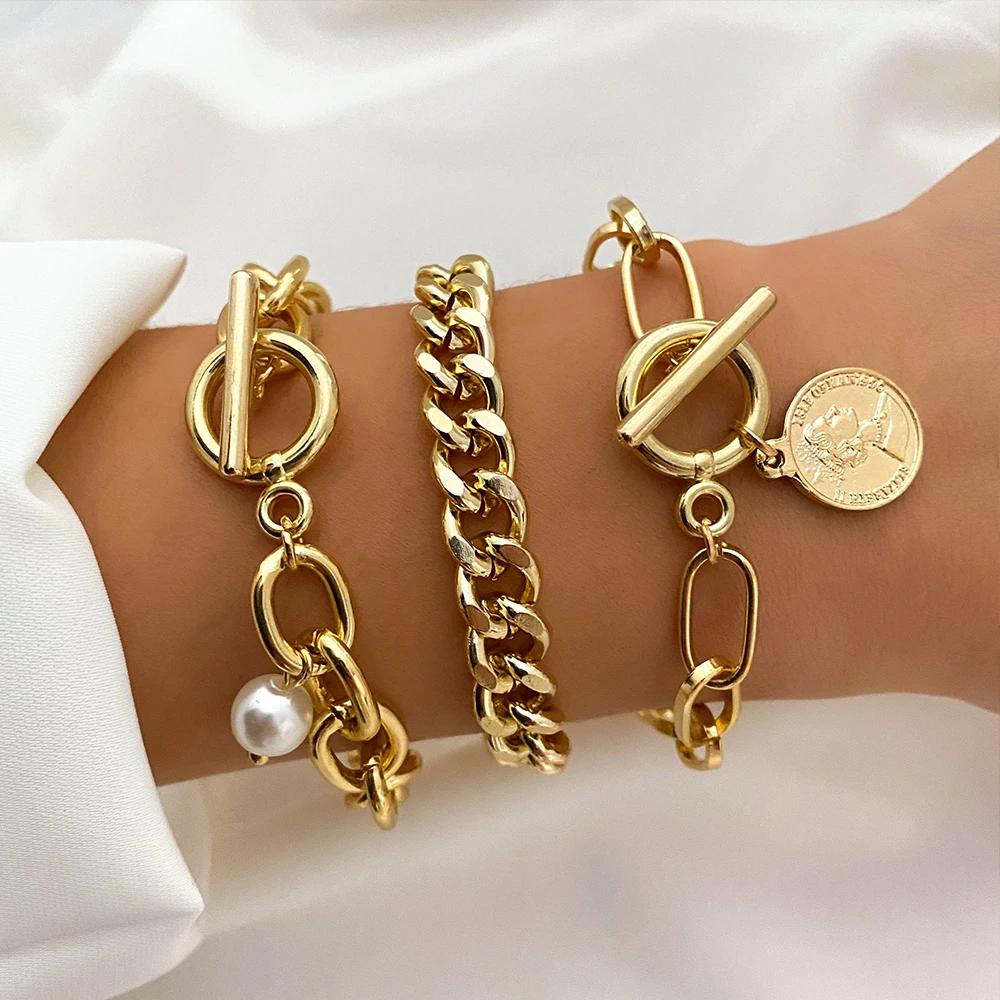 3PCS Fashion Thick Chain Link Bracelets for Women Vintage Snake Chain Gold Color Silver Color Bangles Bracelets Set Punk Jewelry