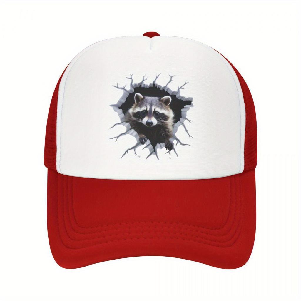 Raccoon Breaking Through Hole Trucker Hat Polyester Casual Snapback Cap Adjustable Unisex Outdoor