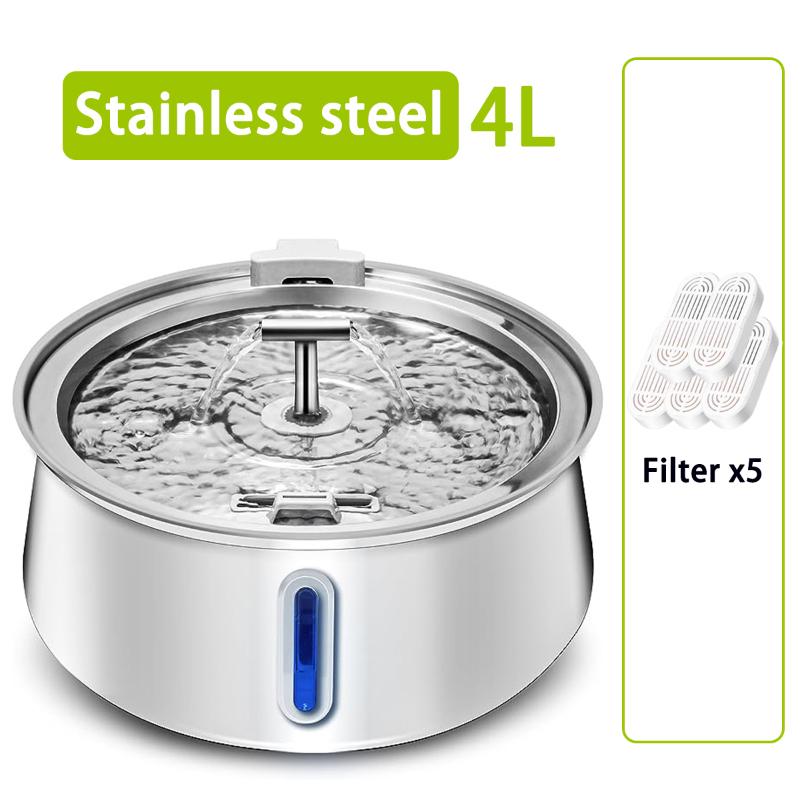 4L Cat Water Fountain Round Stainless Steel Automatic Drinking Fountain Double Outlet Cat Drinker Suitable for Two Pet Dog Cat