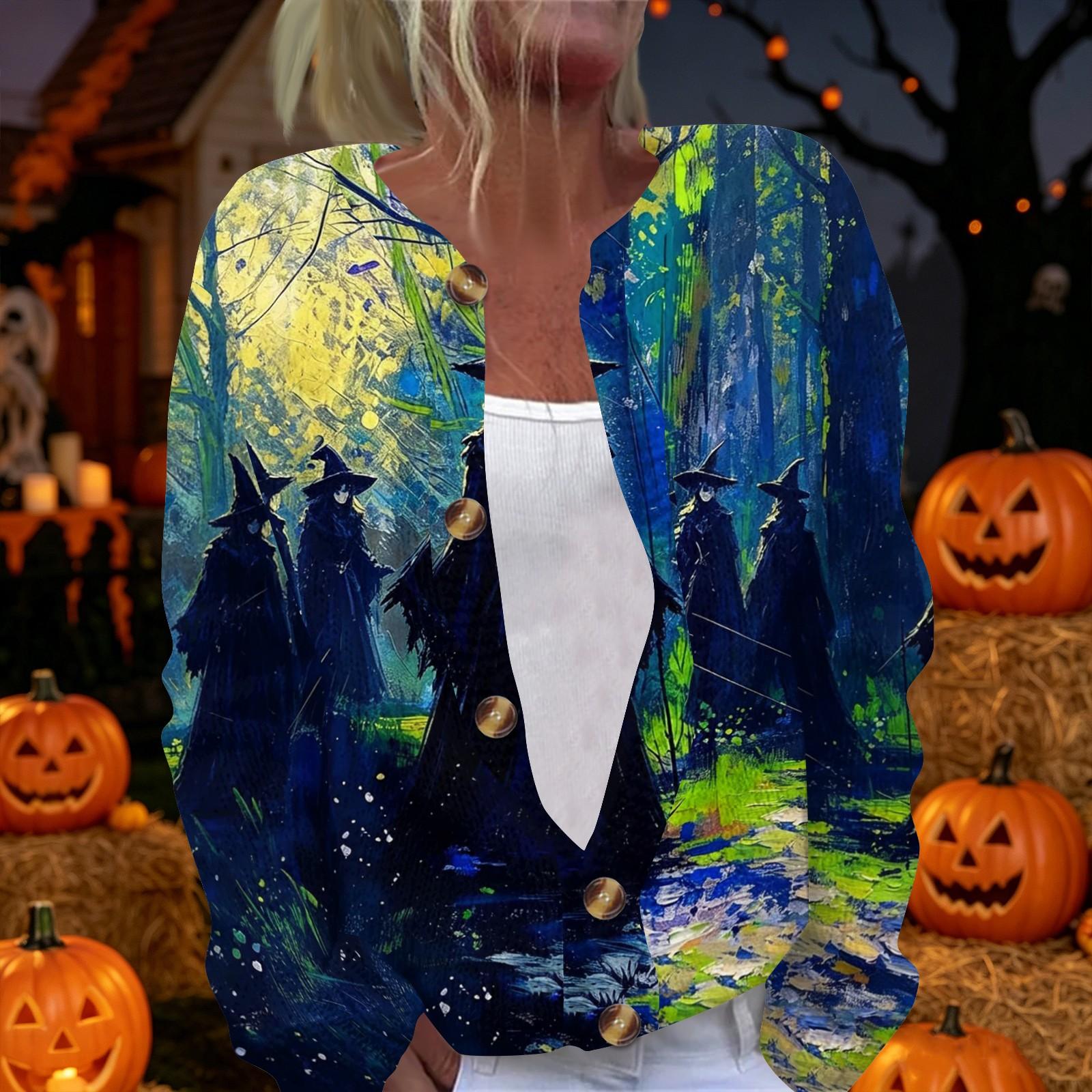 Women s Halloween Printed Long Sleeve Knit Cardigan Button Front Sweater XL