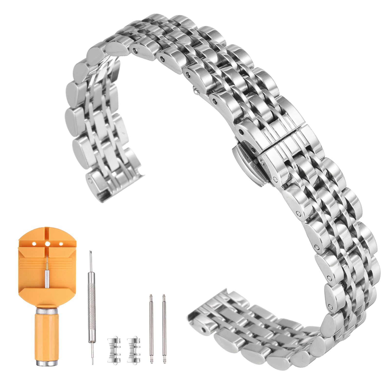 

[uxcell] Stainless Steel Watch Band 14mm Quick Release Metal Finish Replacement Butterfly Buckle Strap with Removal Tool Men s Women s Silver Color
