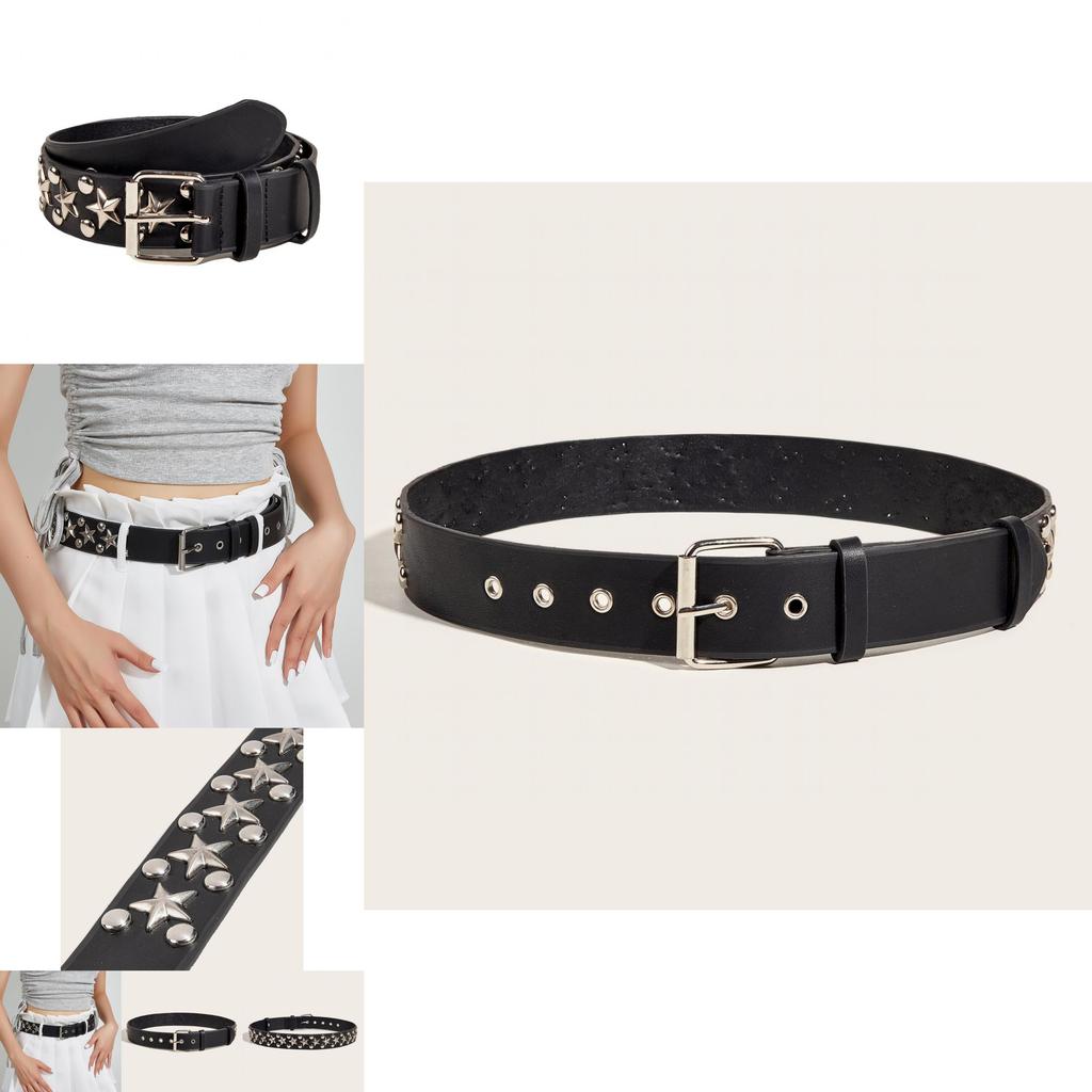 New Star Studded Fashionable Punk Style Wide Belt For Women's Jeans Faux Leather Material